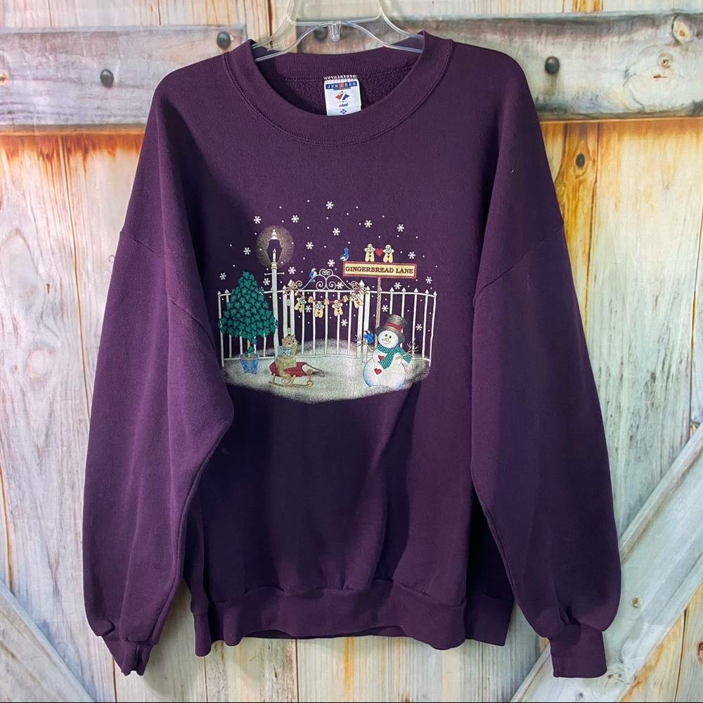 EUC Vtg Jerzees Christmas Snowman Scene Sweatshirt Purple White 2X